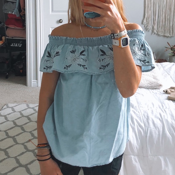 Off the shoulder denim color shirt - Picture 1 of 2